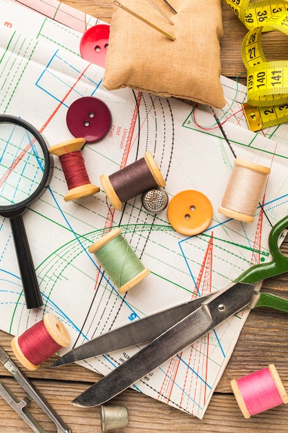 Top view of thread with magnifying glass and scissors