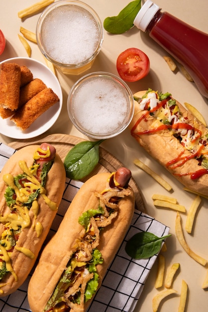 Foto gratuita vista dall'alto di tre hot dog con patatine fritte e bevande