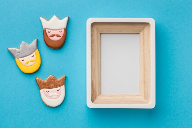 Top view of three kings with frame for epiphany day