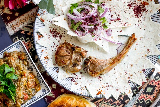 Vista dall'alto tika kebab sul pane pita con cipolle e insalata