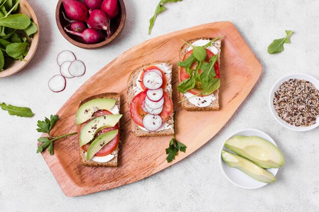 Top view of toast with variety of vegetables