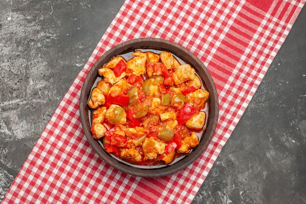 Top view of tomato spicy chicken soup