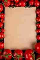 Foto gratuita vista superiore dei pomodori intorno al blocco note sulla superficie del nero con lo spazio della copia