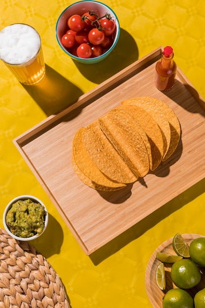 Top view tortilla and beer glass