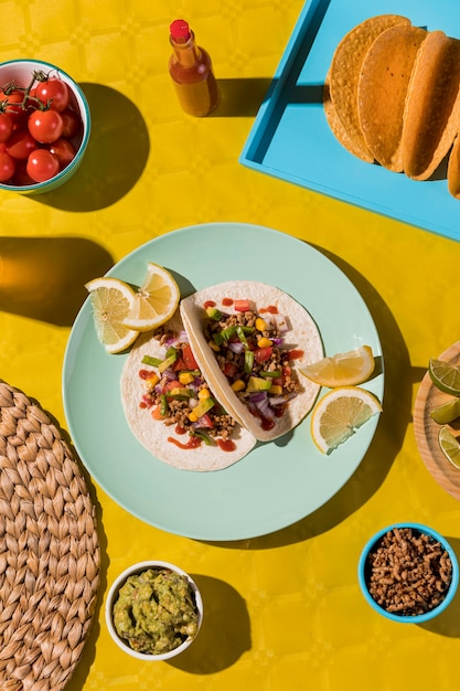 Top view tortilla with meat and vegetables