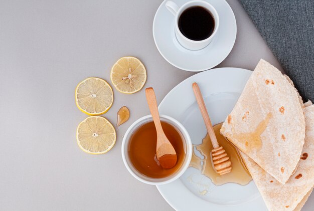 Top view tortillas with homemade honey