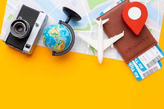 top view tourist items arrangement