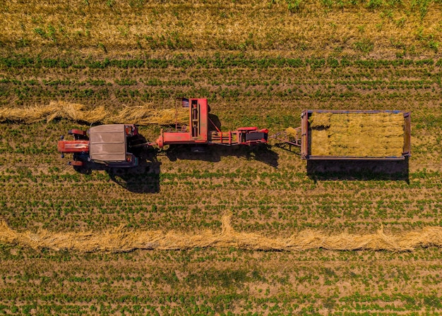 Foto gratuita vista dall'alto dei trattori che fanno il raccolto nel campo