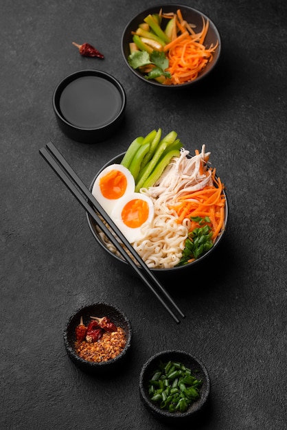 Free photo top view of traditional asian noodles with eggs