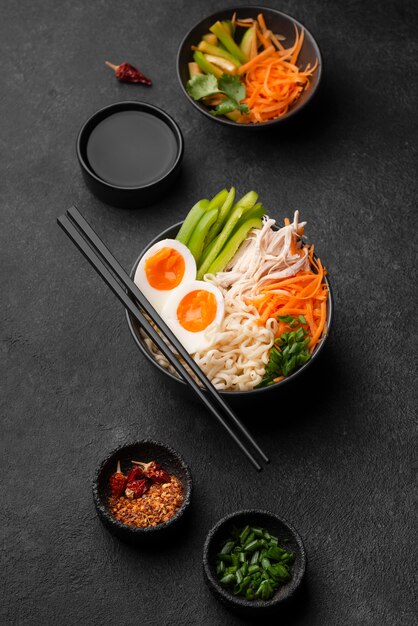 Top view of traditional asian noodles with eggs