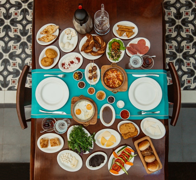 top view of traditional azerbaijani breakfast set at the restaurant