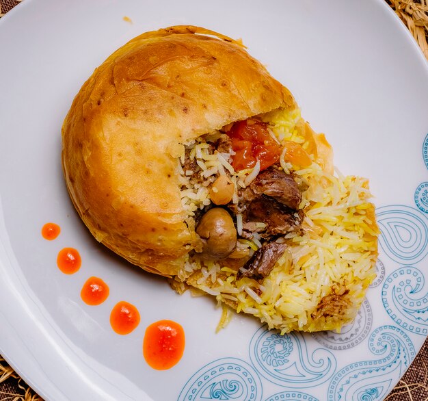 Top view a traditional azerbaijani dish shah pilaf