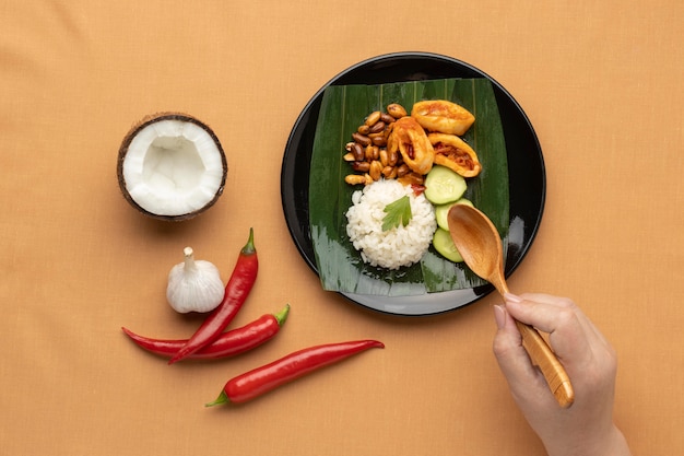 Top view traditional nasi lemak meal composition