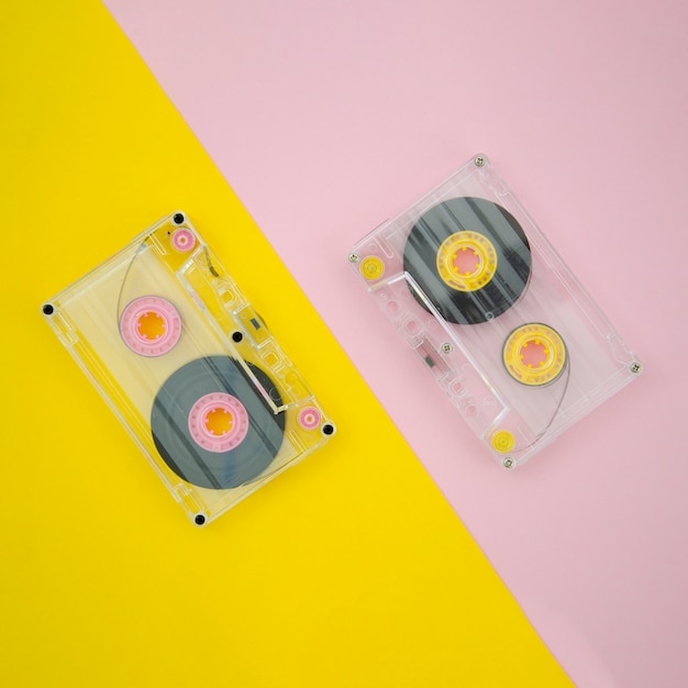 Top view transparent cassette on vibrant background