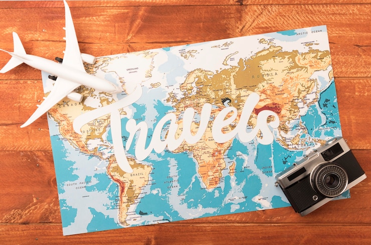 Free Photo top view travel concept with camera