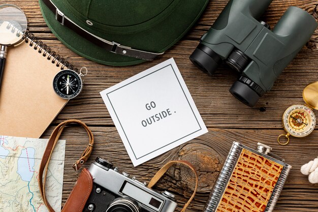 Top view travel kit elements on table