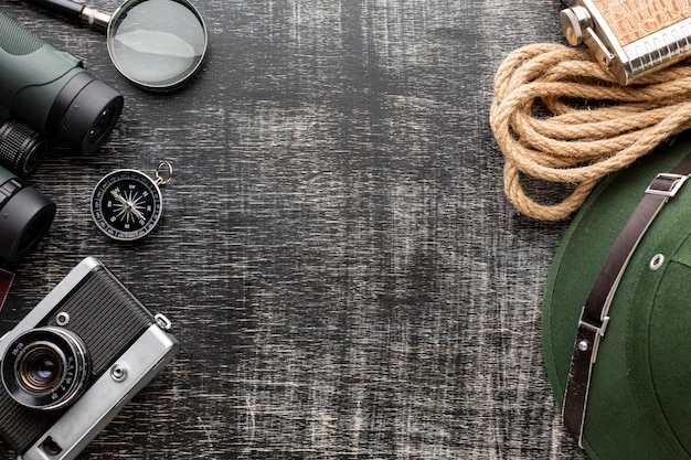 Top view travel kit essentials on table