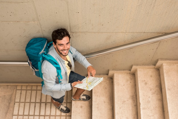 Free photo top view traveler on stairs