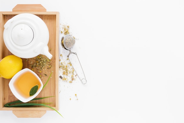 Top view of tray with tea pot and tea cup