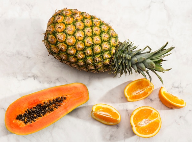 Top view tropical fruit on marble surface