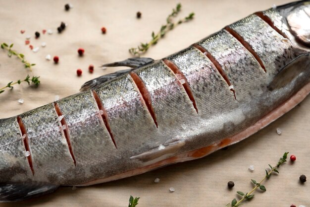 Top view trout ready to be cooked