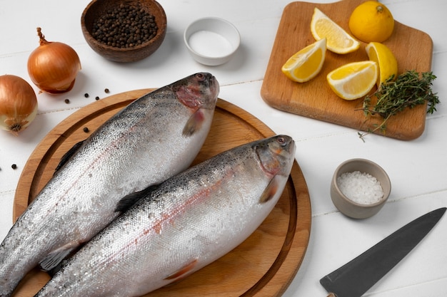 Free photo top view trout ready to be cooked