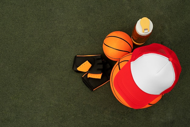 top view of trucker hats with mesh back and basketball