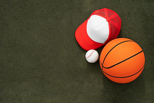 Top view of trucker hats with mesh back and basketball