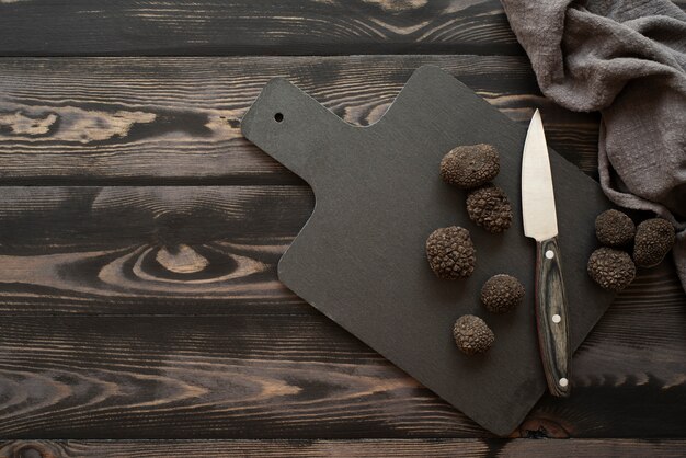 Top view truffles and knife