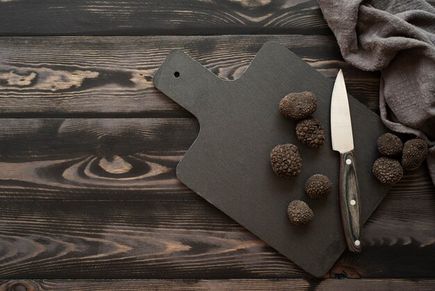 top view truffles and knife