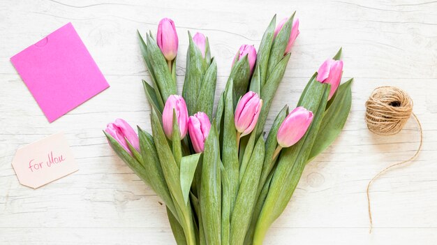 Top view tulips bouquet arrangement