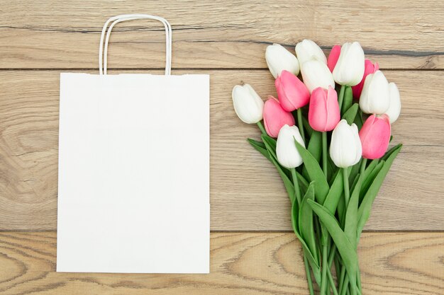 Top view of tulips bouquet with copy space