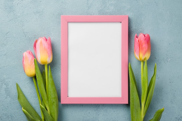 Top view tulips with frame on table