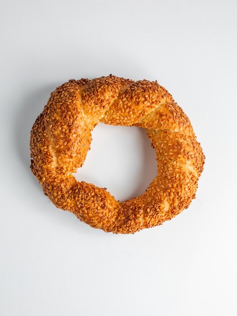 Top view of turkish simit circular bread typically encrusted with sesame seeds