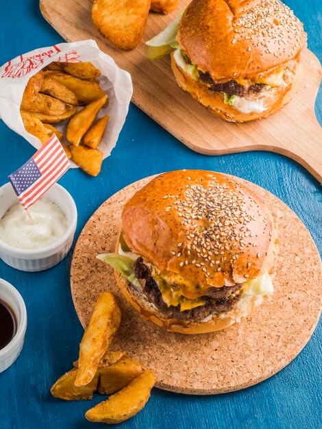 Top view of two american hamburgers