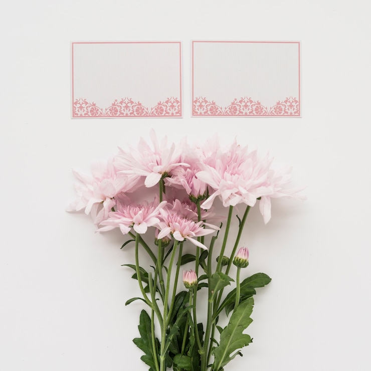 Free Photo top view of two blank cards and pink flowers on white background