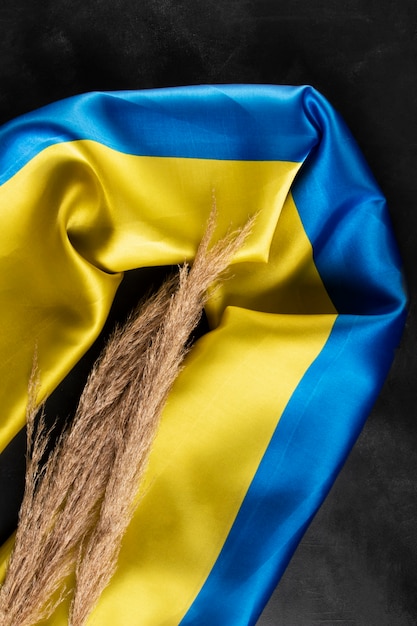 Top view ukranian flag and grains still life