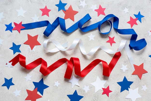 Top view usa flag ribbons and stars