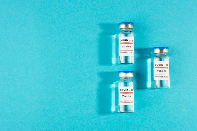 Top view vaccine vials with copy space