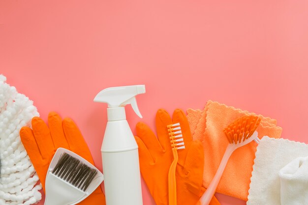 top view variety of cleaning supplies