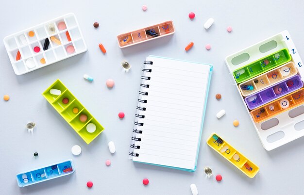 Top view variety of colorful pills on the table