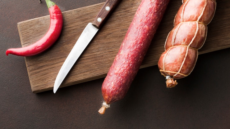 Free Photo top view variety of fresh pork meat on the table