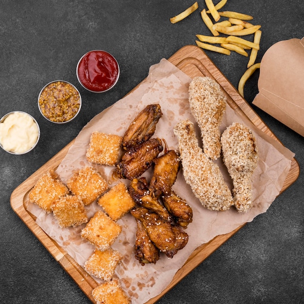 Top view of variety of fried chicken with sauces and french fries