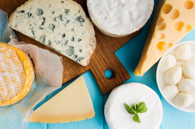Top view variety of gourmet cheese