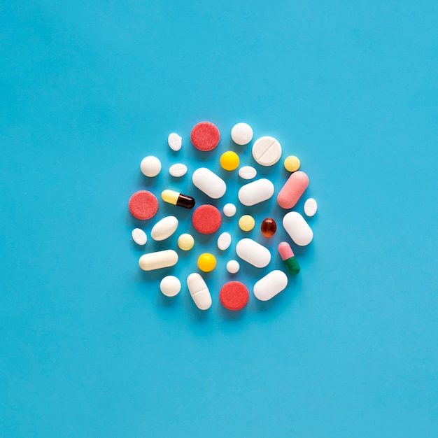 Top view of variety of pills in circle shape
