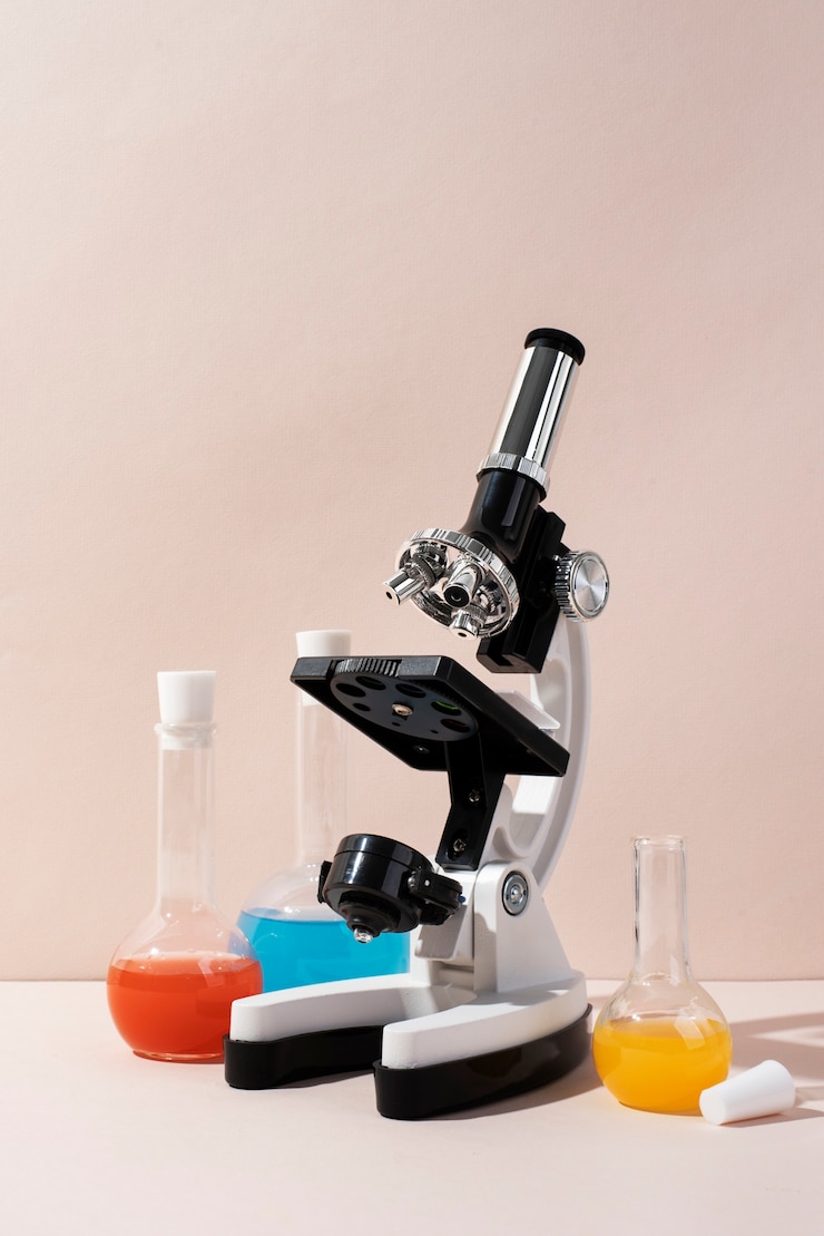 Free Photo top view on various medical equipment with microscope