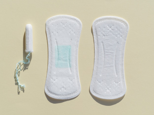 Top view various sanitary napkins and tampon