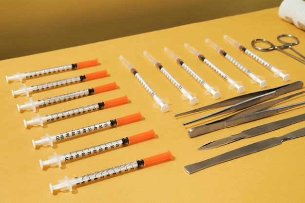 Top view on various syringes