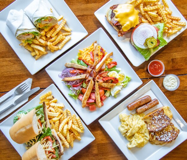 Top view of various tasty dishes