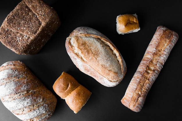 Top view various types of delicious bread